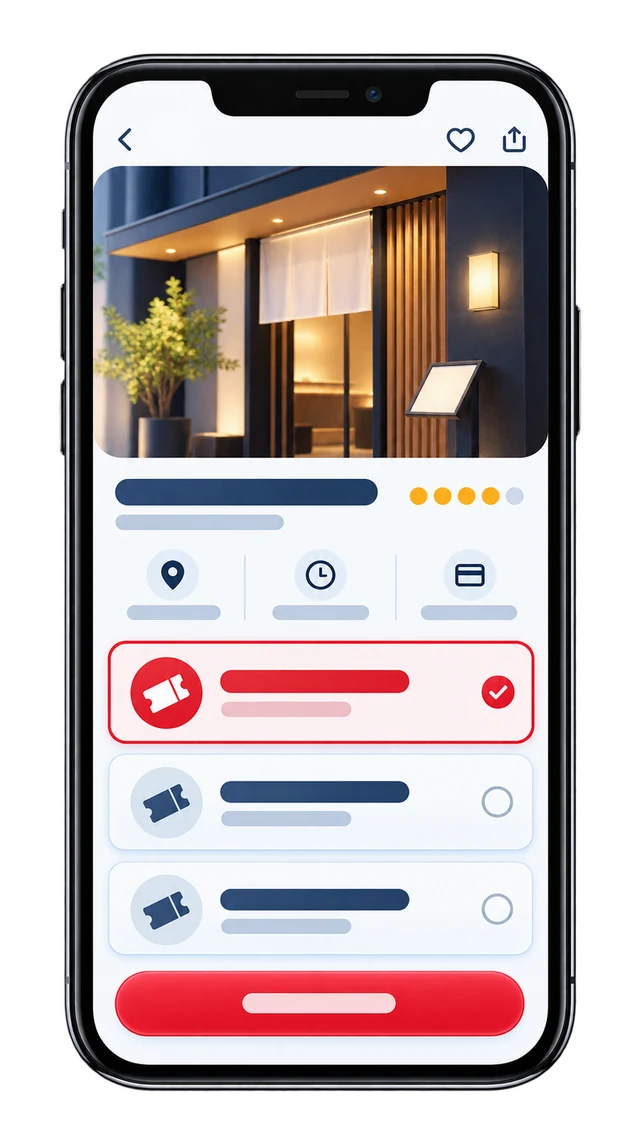 お店と利用する特典を選ぶ仮アプリ画面