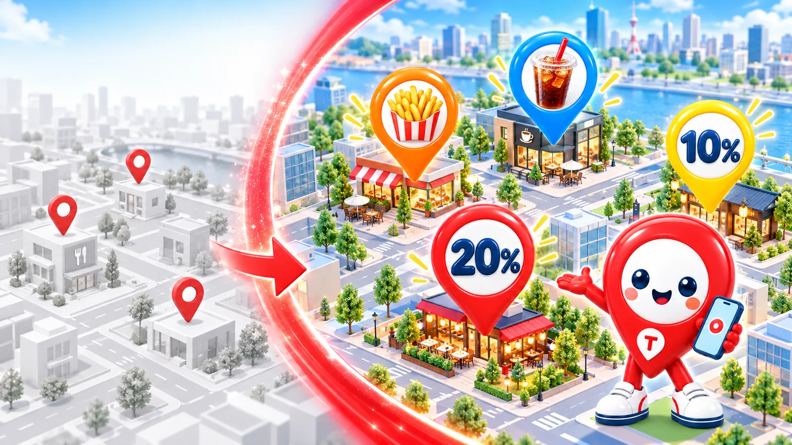 一般的な店舗検索MAPから フード ドリンク 10%OFF 20%OFFの特典が見えるTOKUMEGU独自MAPへ変わるイメージ